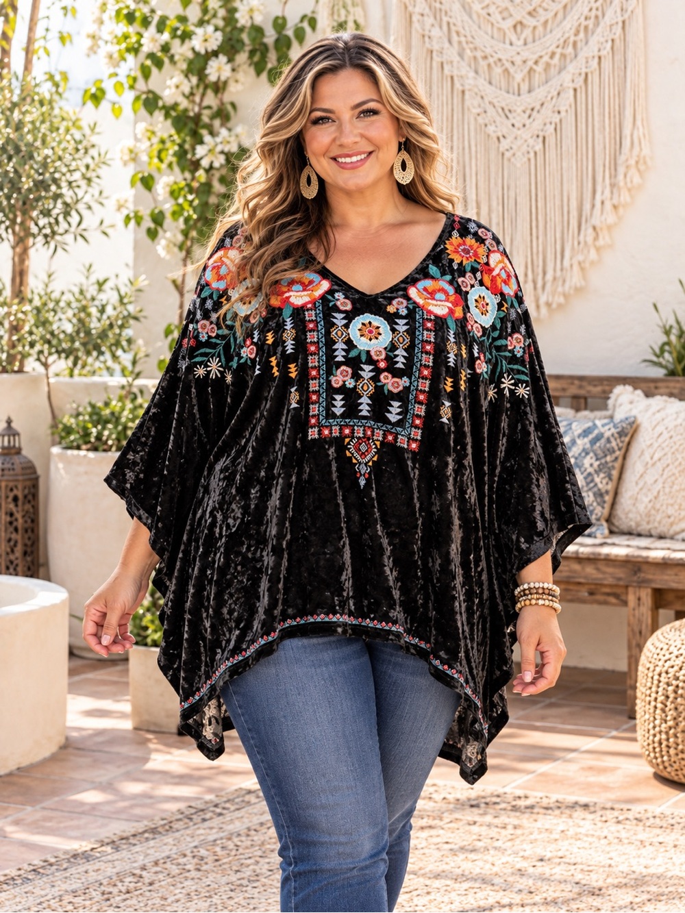 John Mark Black Velvet Embroidered V-Neck Tunic Size L/XL